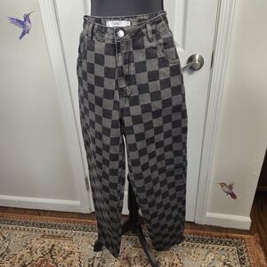 Adika E-Girl Checkerboard Black & Gray High Rise Baggy Straight Leg Jeans XS